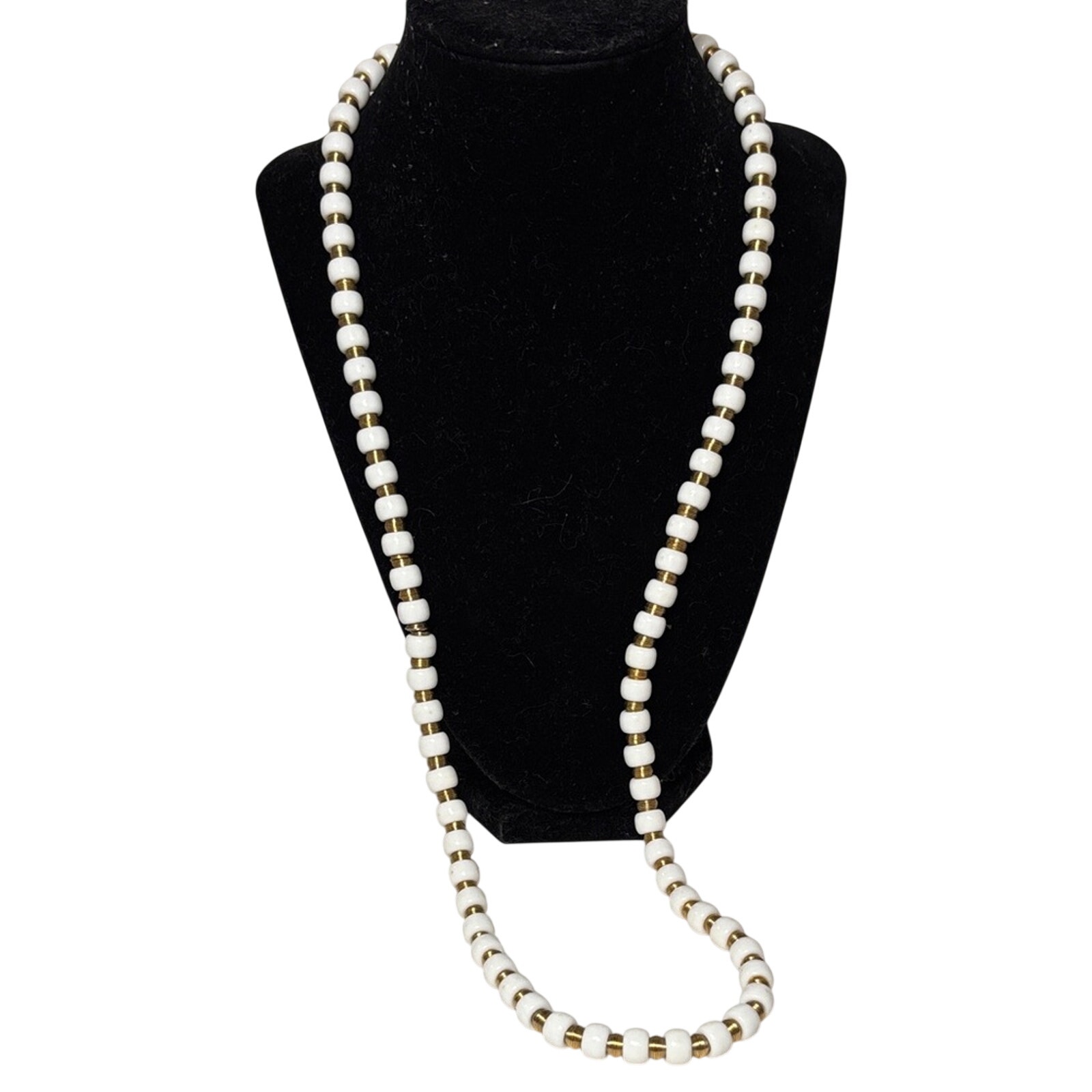 Vintage White Bead Gold Tone Spiral Long Necklace 31â Minimalist
